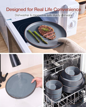 Famiware Nebula Ridge Stoneware Dinnerware Sets, Plates and Bowls Sets for 4, 12 Pieces Dishes Set, Microwave and Dishwasher Safe Kitchen Plates, Charcoal