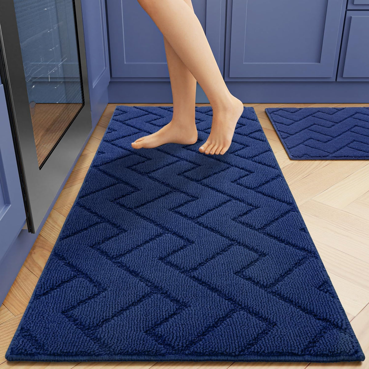 hicorfe Kitchen Rugs and Mats Sets,2 Pieces Super Absorbent Polypropylene Non-Slip Rug,Soft Comfort Floor Mat,Washable for Kitchen,Hallway,Office,Sink,Laundry(20&quot; x 31.5&quot;+20&quot; x 48&quot;,Navy Blue)