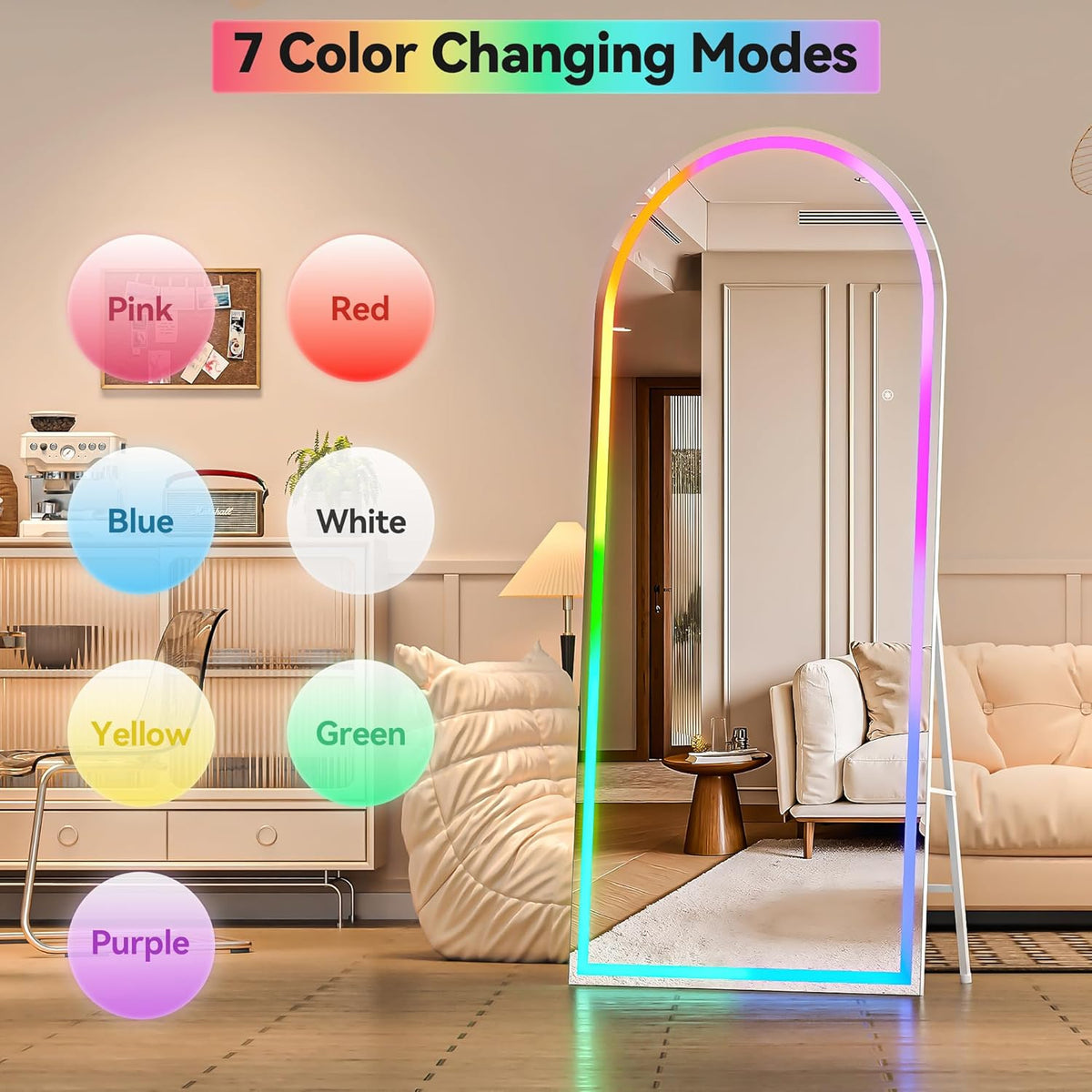 Hasipu 56&quot; x 16&quot; Arch LED Full Length Mirror with RGB Lights and Bluetooth Speaker, Full Body Floor Mirror with White Frame for Bedroom, Living Room, Dressing Room