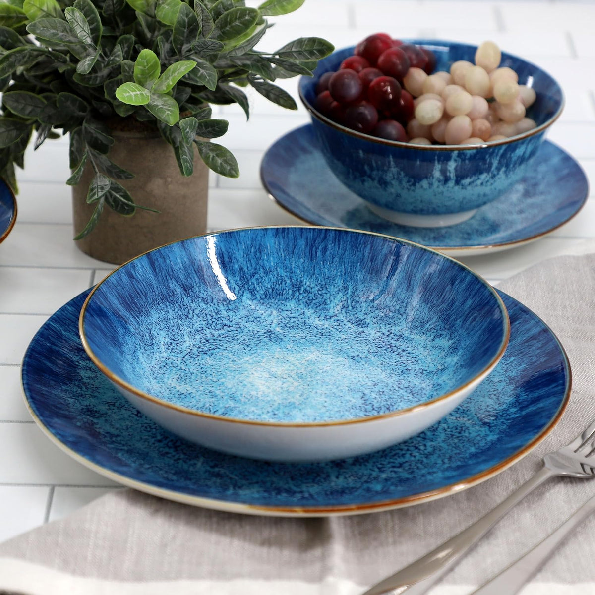 Elama Oceanus 16 Piece Porcelain Double Bowl Dinnerware Set in Blue, Tableware Service for 4
