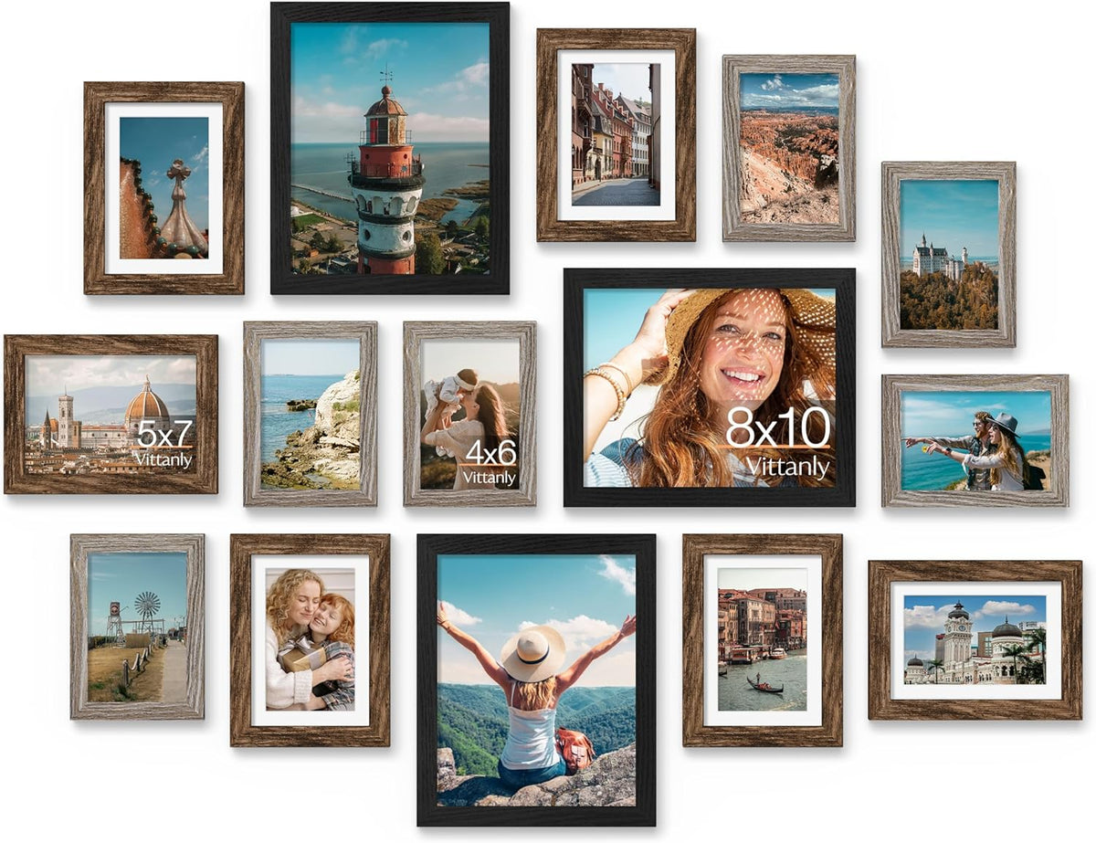 Vittanly 15 Pack Picture Frames Collage Wall Decor for Mounting or Tabletop Display, Gallery Frame Set for Family, Multi Sizes Including 3pcs 8x10, 6pcs 5x7, 6pcs 4x6, Black