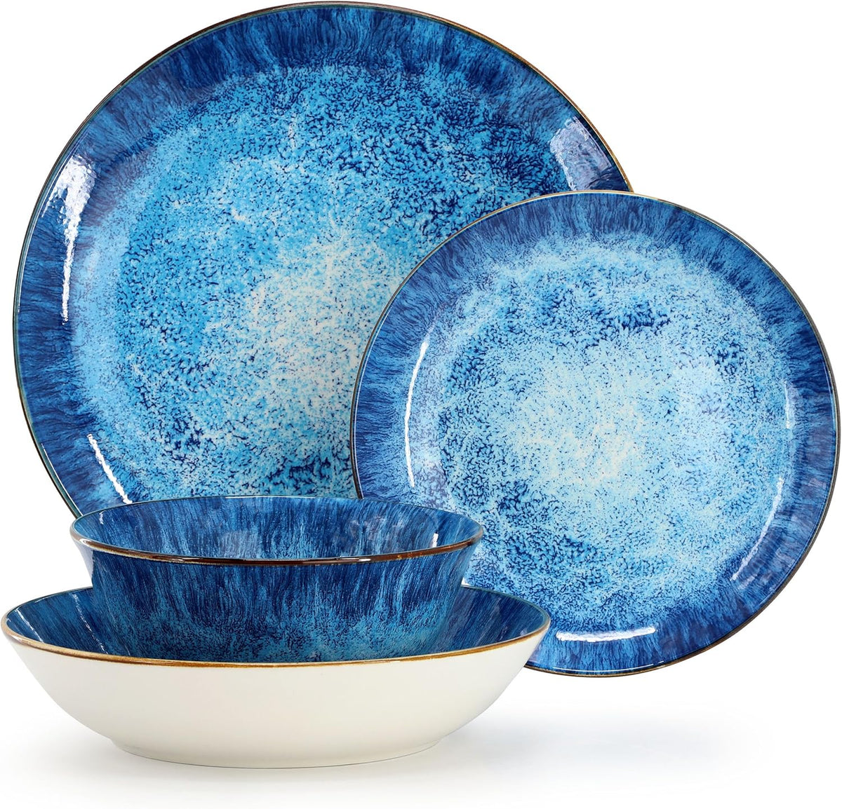 Elama Oceanus 16 Piece Porcelain Double Bowl Dinnerware Set in Blue, Tableware Service for 4