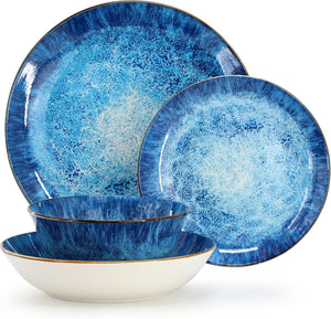 Elama Oceanus 16 Piece Porcelain Double Bowl Dinnerware Set in Blue, Tableware Service for 4