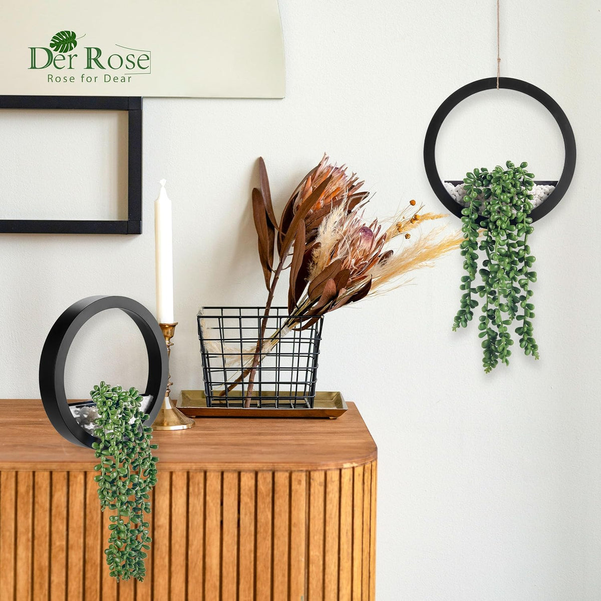 Der Rose 2 Pack Fake Plants Hanging Artificial Succulents Plants in Black Pots for Living Room Bathroom Accessories Boho Farmhouse Wall Decor