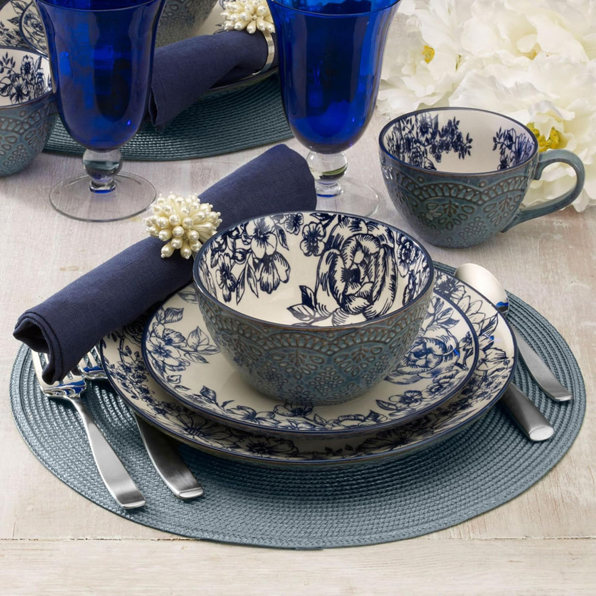 Pfaltzgraff Gabriela Blue 16-Piece Dinnerware Set, Service for 4, Durable Stoneware Plates, Bowls, and Mugs with Elegant Blue Pattern, Dishwasher Safe