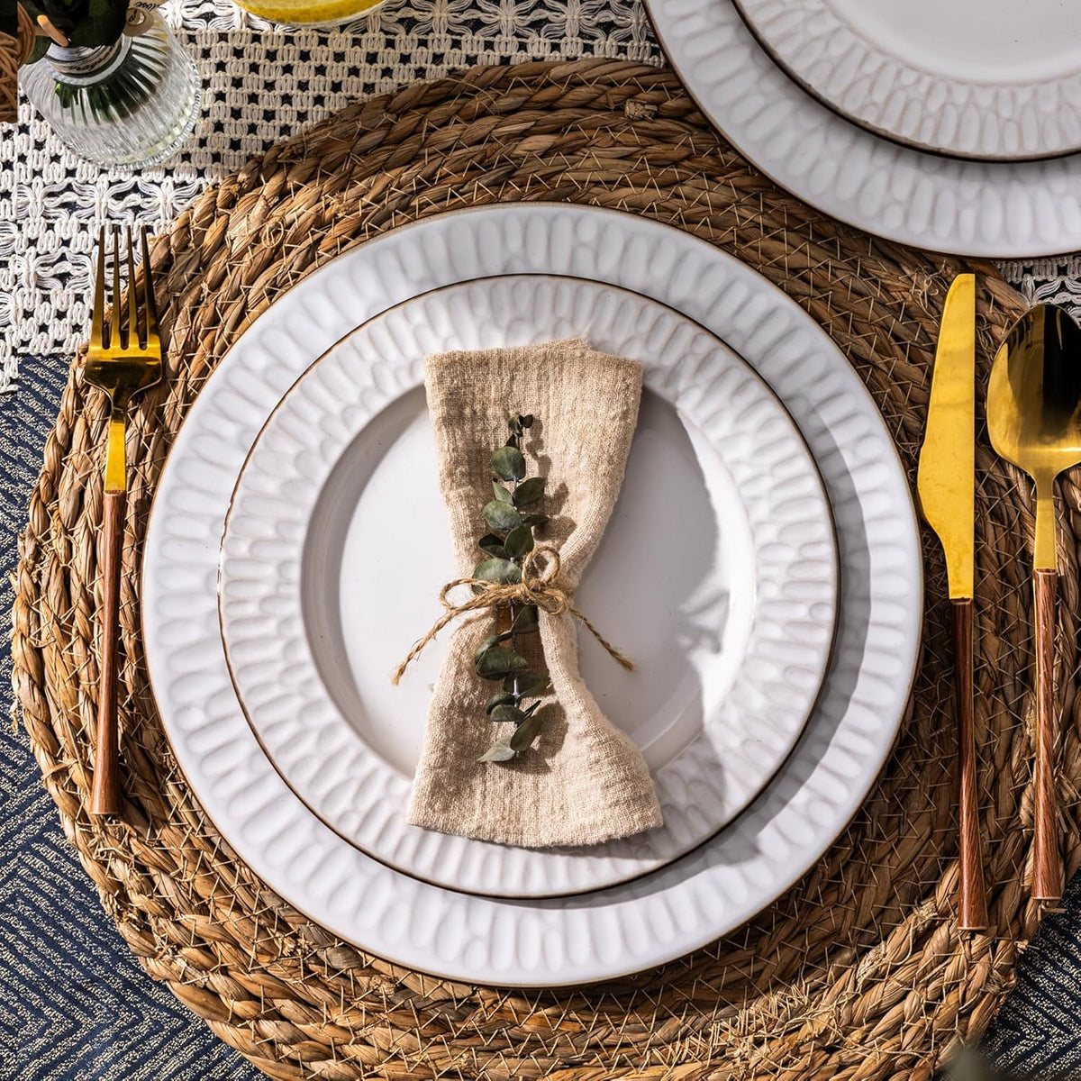 GBHOME Ceramic Dinnerware Sets,12 pcs Embossed Elegant Stoneware Plates and Bowls Sets, Housewarming Wedding Gift | Dishwasher &amp; Microwave Safe | Dishes Set Service for 4