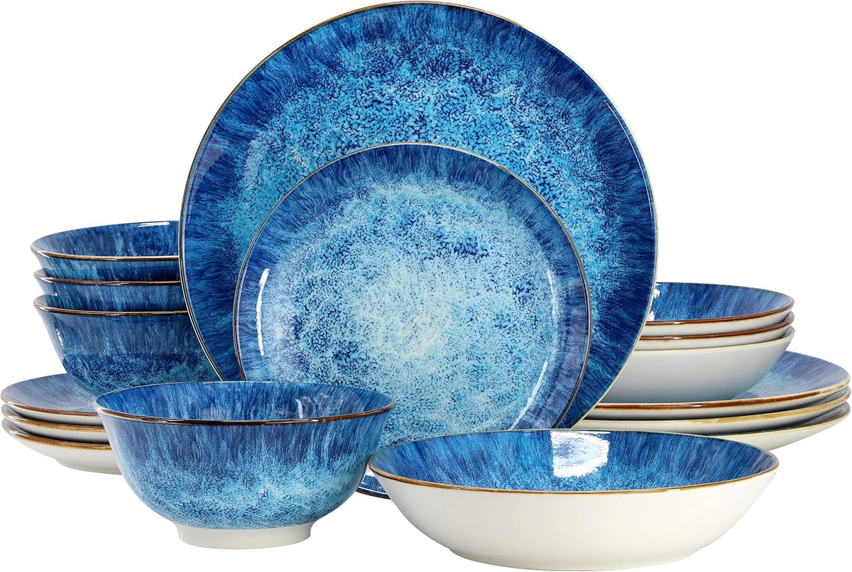 Elama Oceanus 16 Piece Porcelain Double Bowl Dinnerware Set in Blue, Tableware Service for 4