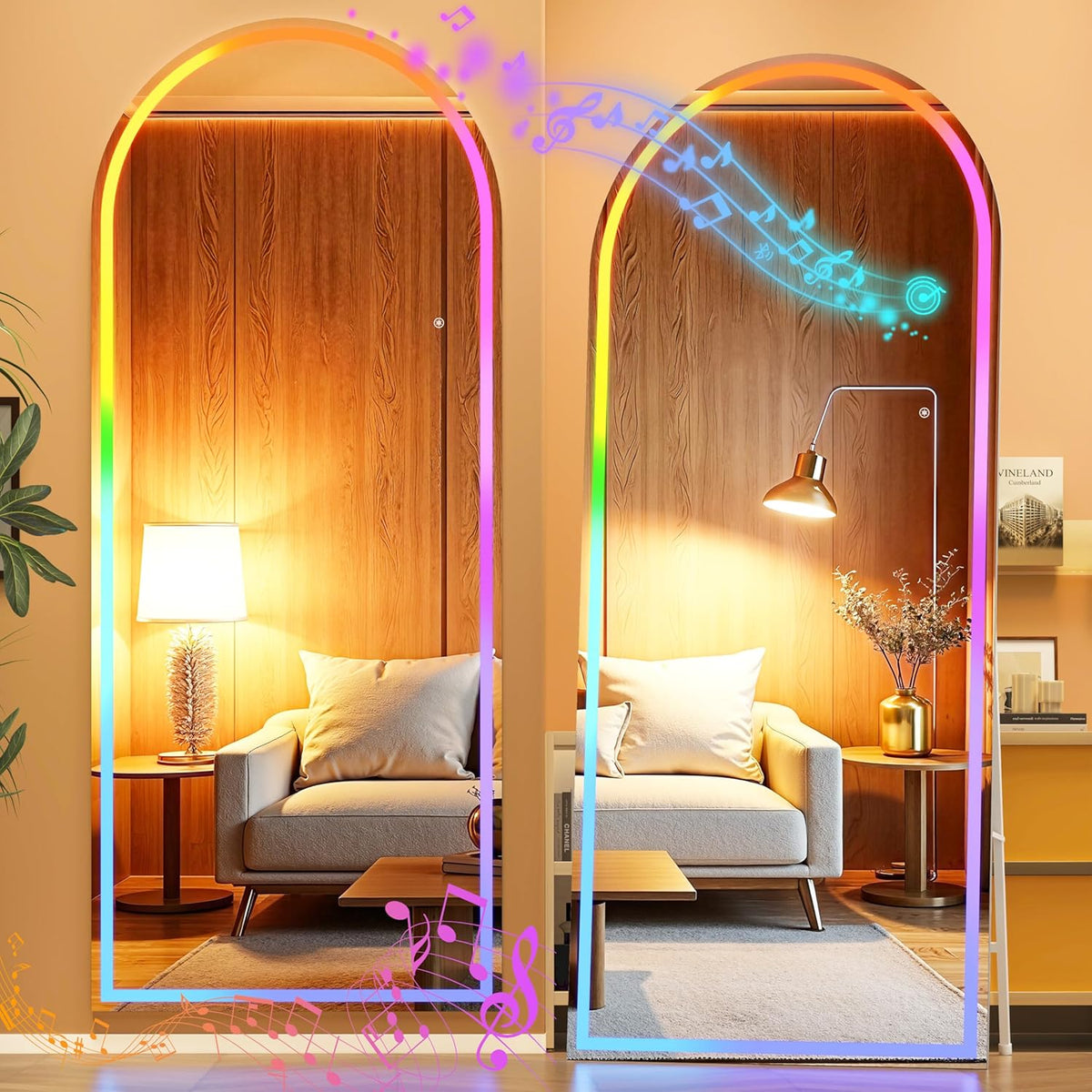 Hasipu 56&quot; x 16&quot; Arch LED Full Length Mirror with RGB Lights and Bluetooth Speaker, Full Body Floor Mirror with White Frame for Bedroom, Living Room, Dressing Room