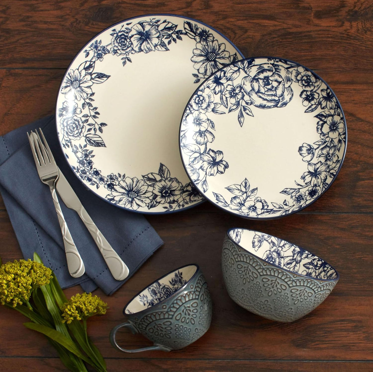 Pfaltzgraff Gabriela Blue 16-Piece Dinnerware Set, Service for 4, Durable Stoneware Plates, Bowls, and Mugs with Elegant Blue Pattern, Dishwasher Safe
