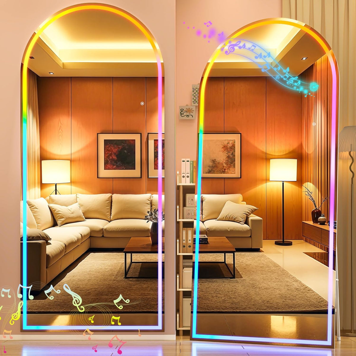 Hasipu 56&quot; x 16&quot; Arch LED Full Length Mirror with RGB Lights and Bluetooth Speaker, Full Body Floor Mirror with White Frame for Bedroom, Living Room, Dressing Room