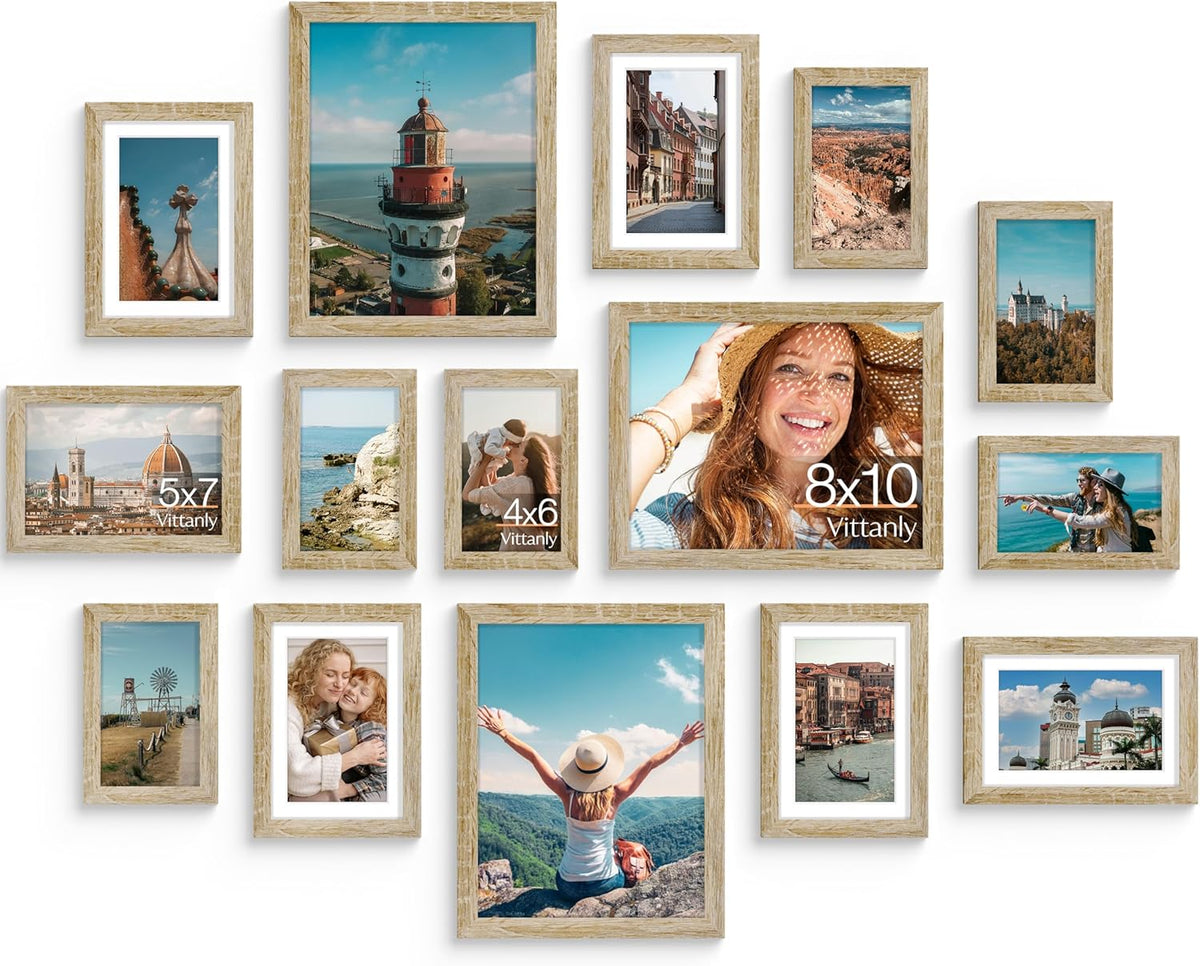 Vittanly 15 Pack Picture Frames Collage Wall Decor for Mounting or Tabletop Display, Gallery Frame Set for Family, Multi Sizes Including 3pcs 8x10, 6pcs 5x7, 6pcs 4x6, Black