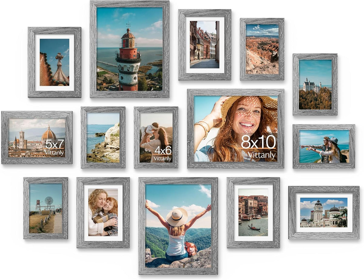 Vittanly 15 Pack Picture Frames Collage Wall Decor for Mounting or Tabletop Display, Gallery Frame Set for Family, Multi Sizes Including 3pcs 8x10, 6pcs 5x7, 6pcs 4x6, Black