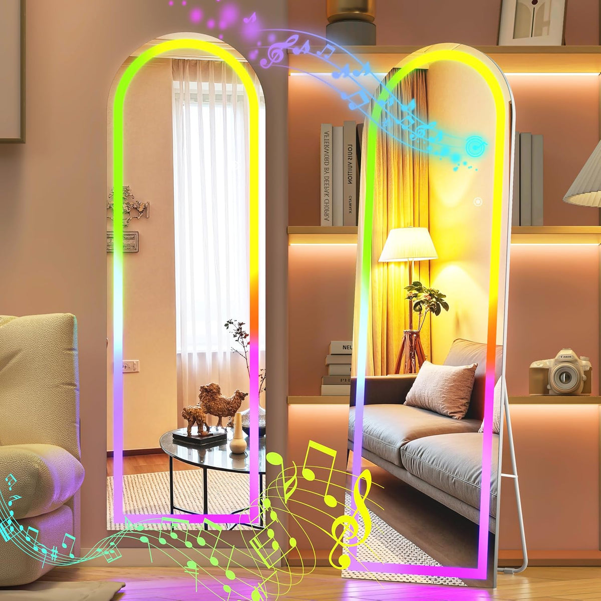 Hasipu 56&quot; x 16&quot; Arch LED Full Length Mirror with RGB Lights and Bluetooth Speaker, Full Body Floor Mirror with White Frame for Bedroom, Living Room, Dressing Room